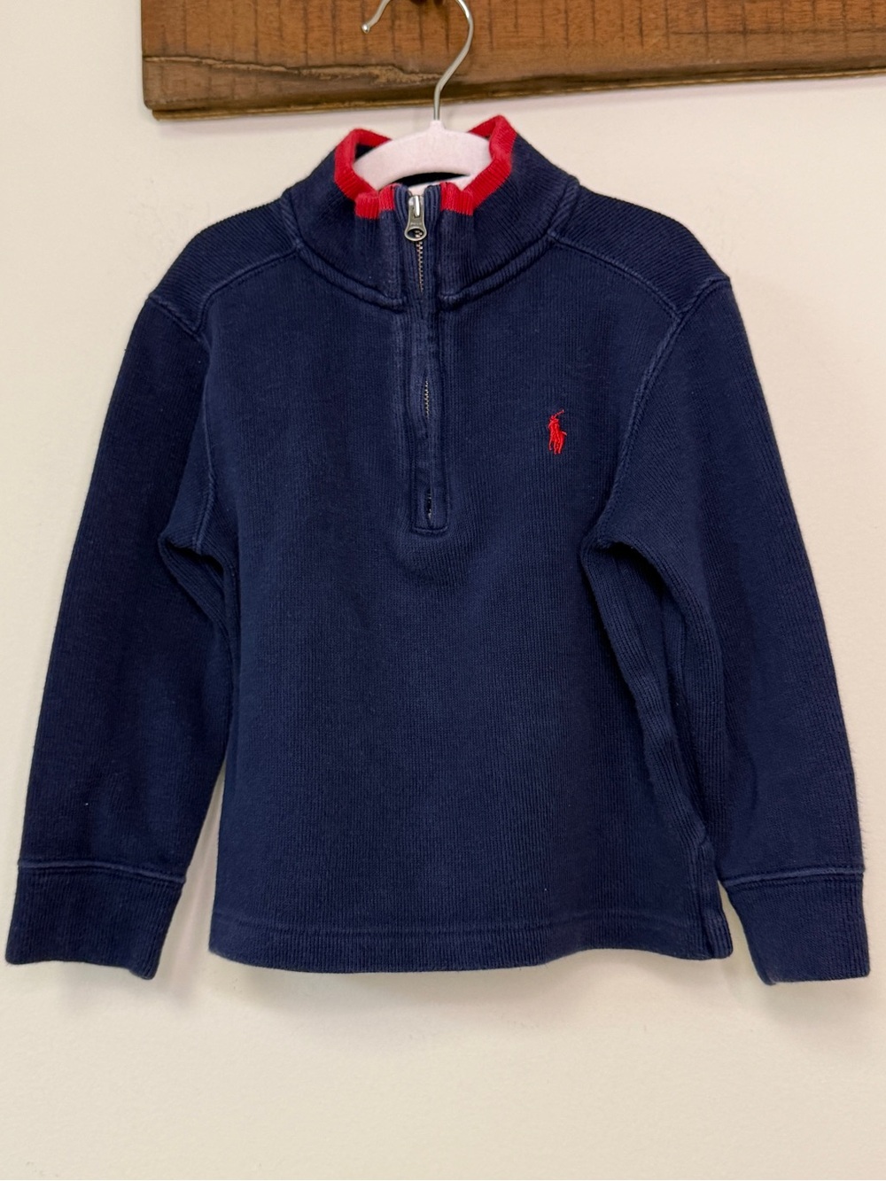 Polo Ralph Lauren: Boy's Navy 1/4 Zip Pullover with Red Trim, Size 3T